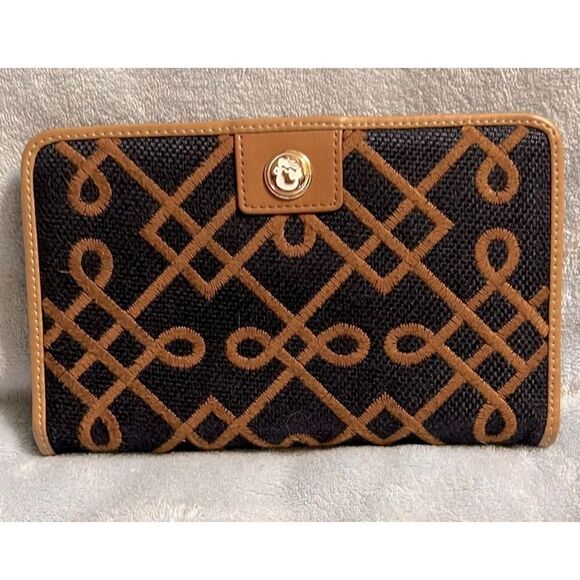Spartina Bifold Long Card Wallet Blue Brown Tan Knot Print Linen Leather Artsy - Picture 1 of 5